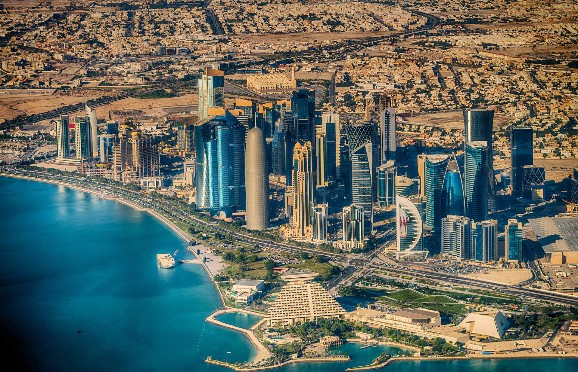 Aerial view of city skyline in Doha